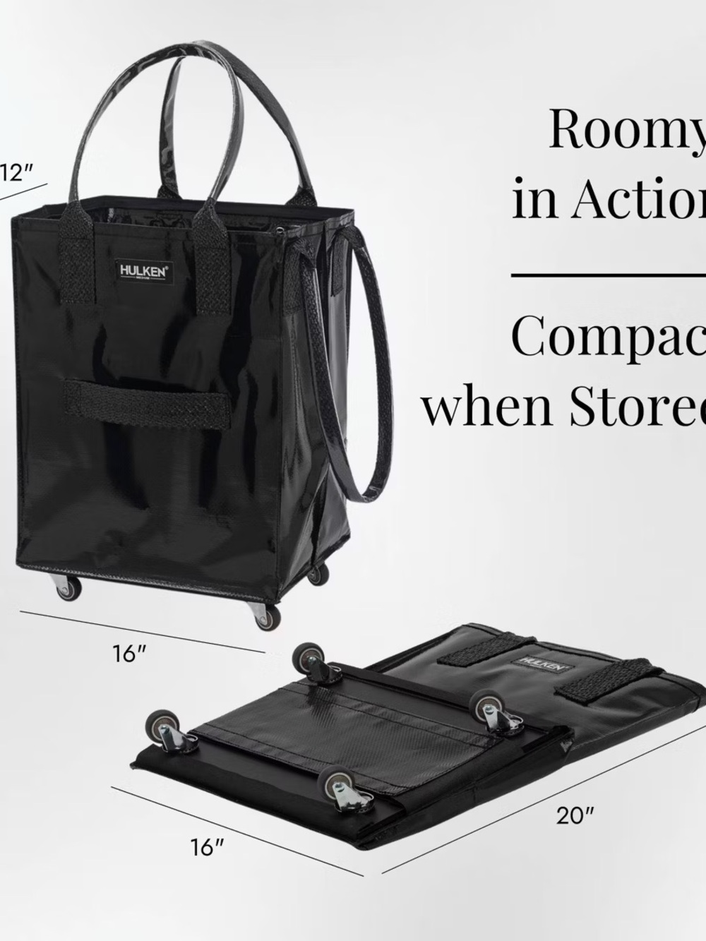 Hulken Medium Black Rolling Tote - Compact Travel & Shopping Bag - Picture 2 of 10